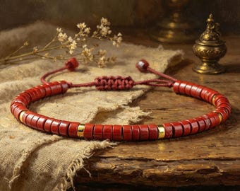 Adjustable Red Jasper Beaded Bracelet, Natural Stone Braided Cord Bracelet with Gold Accents, Minimalist Red Coral Style