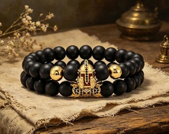 Gold Spartan Warrior Helmet Matte Onyx Bracelet Set, Gothic Natural Stone Stack, Mens Elastic Jewelry