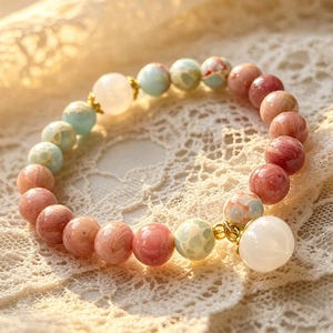 Rhodonite & Shoushan Stone Peach Charm Beaded Bracelet, 8mm Natural Stone Stretch Bracelet 16cm