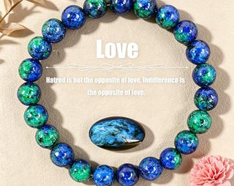 Natural Azurite Malachite Stretch Beaded Bracelet, 8mm Love Healing Crystal Wristband, Wealth Prosperity Heart Energy Bracelet