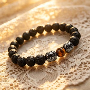 Puede incluir: Una pulsera de cuentas con cuentas de piedra de lava negra, dos cuentas de calavera plateadas y una cuenta de ojo de tigre. La pulsera se muestra sobre una superficie de encaje crema, con iluminación cálida.