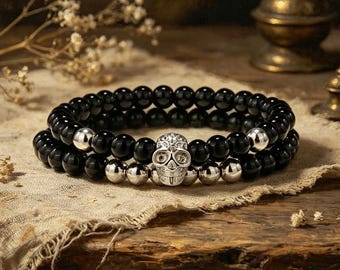 Silver Skull Glossy Onyx Bracelet Set, Gothic Natural Stone Stack, Mens Elastic Jewelry