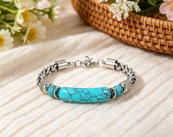 turquoise bar stainless steel bracelet, men's vintage titanium steel chain jewelry