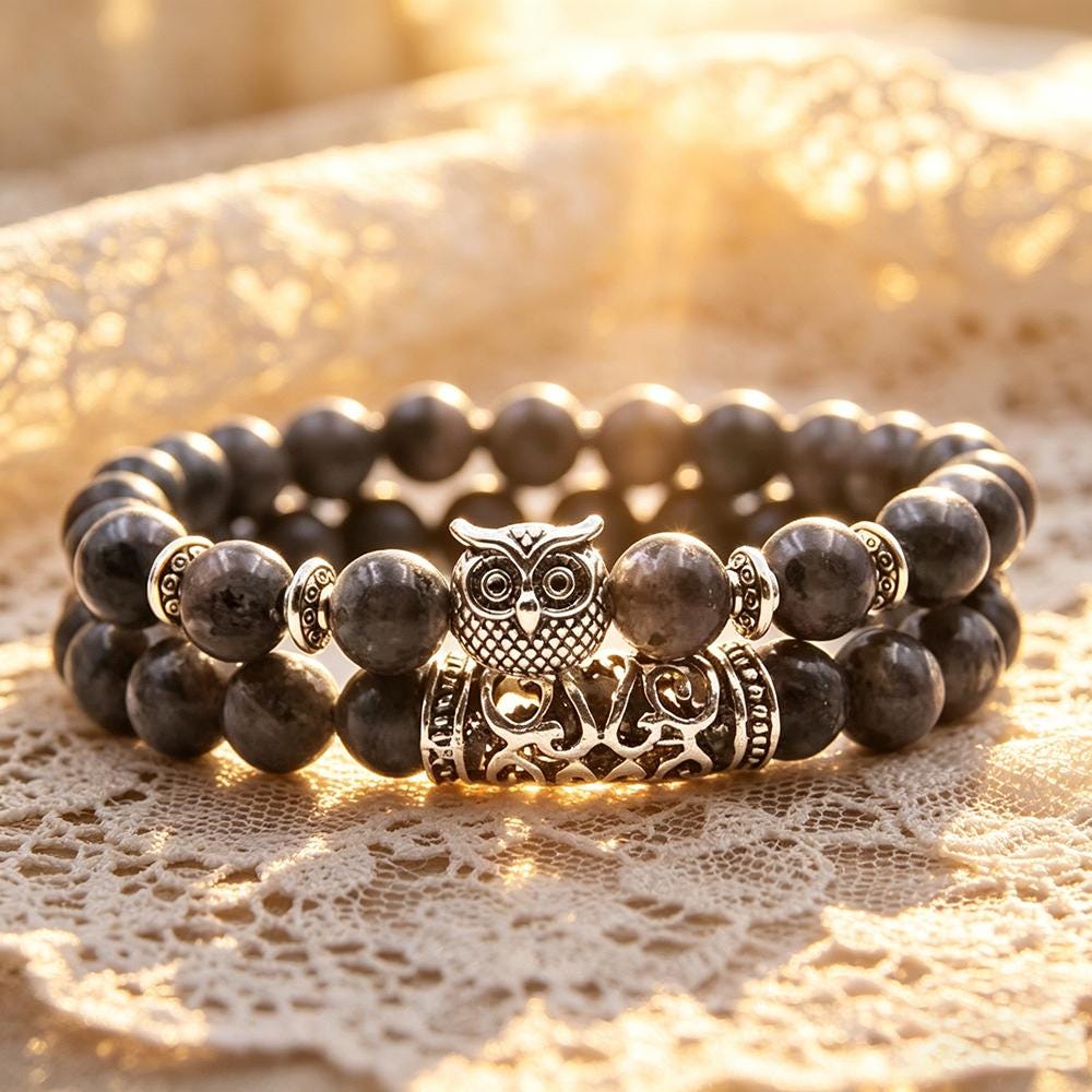Black Obsidian Owl Charm Double Wrap Stretch Bracelet, 18.5-19cm