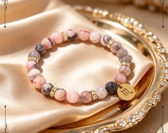 Scorpio Zodiac Pink Zebra  Bead Bracelet, Stretchable 16-18.5cm