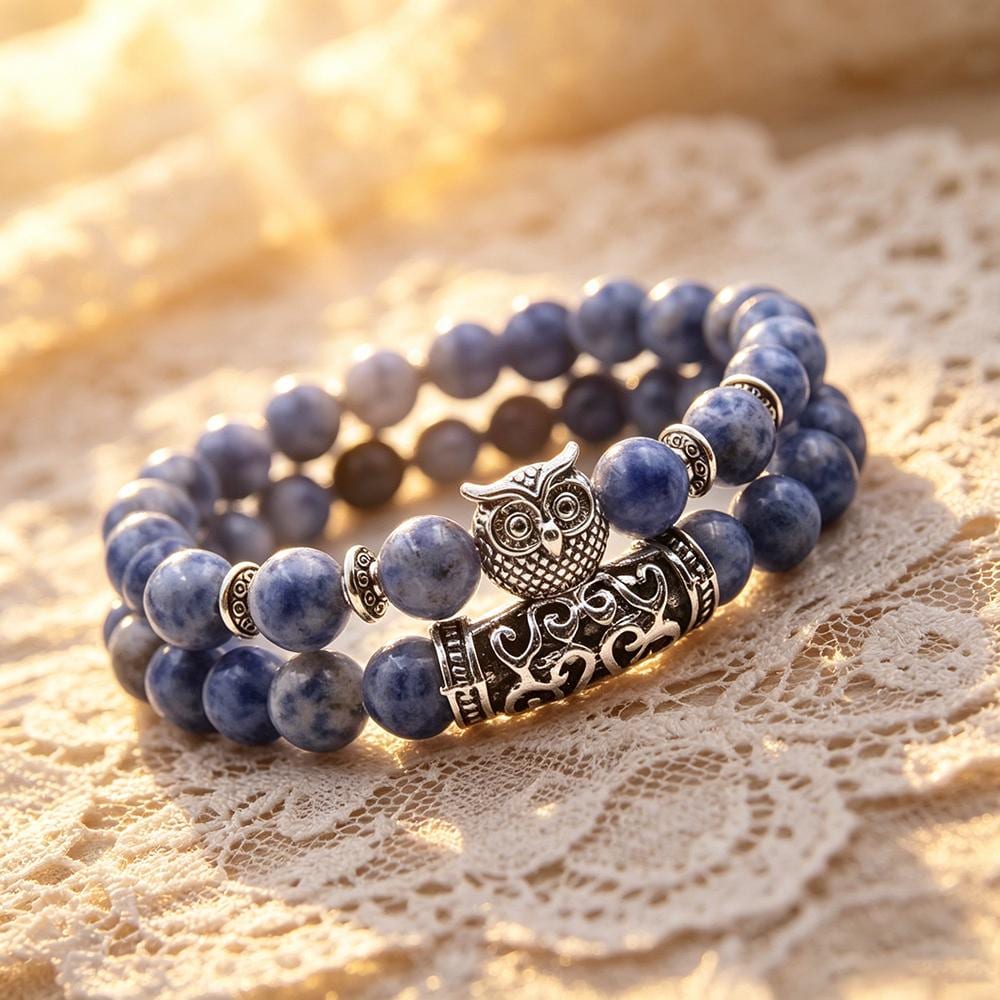 Blue Sodalite Owl Charm Double Wrap Stretch Bracelet, 18.5-19cm