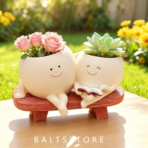 Cute Couple Bench Resin Planter Pot Creative Reading Smile Face Succulent Flower Pot Home Garden Decor Ornament Gift For Plant Lovers