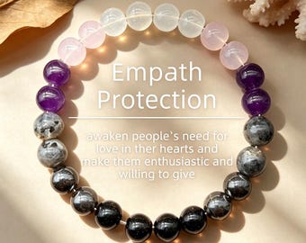Empath Protection Crystal Bracelet, Amethyst Obsidian Rose Quartz Selenite, 8mm Natural Stone, Grounding Energy, 16-20cm