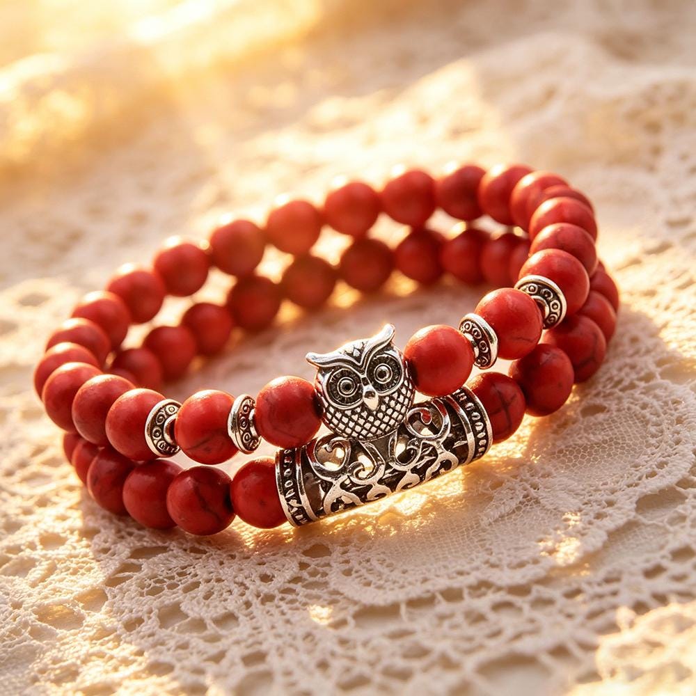 Red Turquoise Owl Charm Double Wrap Stretch Bracelet, 18.5-19cm