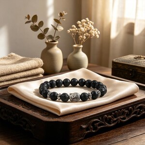 May include: Black lava stone bead bracelet with a silver Buddha head charm. The bracelet is displayed on a cream-colored satin cloth, resting on a dark wooden tray. Decorative vases and a small box are in the background.