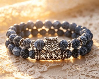 Owl Charm Blue Crackle Agate Double Strand Bracelet, Natural Stone & Alloy Stretch Bracelet, 18.5-19cm, Wisdom Boho Jewelry