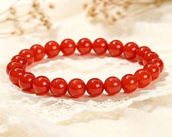 7A Natural Red Agate Beaded Bracelet, 8mm Protection Vitality Stone, Minimalist Stackable Jewelry