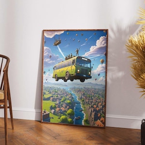 May include: A framed print featuring a vibrant, cartoon-style illustration of a yellow and green bus floating above a landscape. The bus has the word "FORTNITE" on the front. Hot air balloons and a river are also visible in the scene. The print is displayed on a wooden floor.