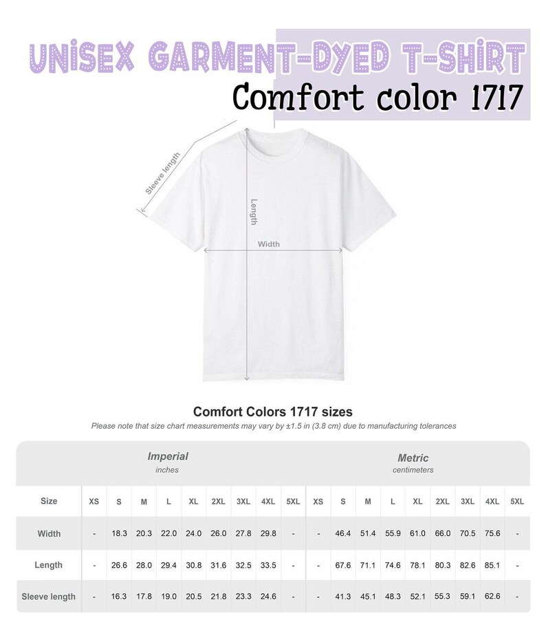 Pu&ograve; includere: T-shirt unisex bianco tinto in capo. L'immagine include una tabella delle taglie con misure in centimetri per larghezza, lunghezza e lunghezza manica. Il testo sull'immagine recita "Comfort color 1717".