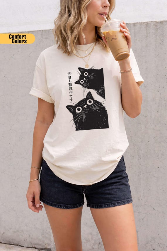 Japanese Black Cat Graphic Tee, Kawaii Anime Style, Minimalist Unisex Cotton Shirt