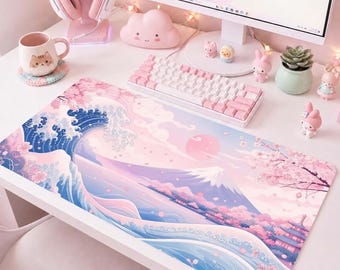Kawaii Cherry Blossom Mousepad, Pastel Pink Sakura Great Wave Desk Mat, Cute Anime Gaming Mat, Large Office Desk Pad Gift