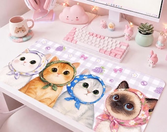 Kawaii Pink Cat MousePad , Cute Desk Mat, Pastel Gaming Mousepad, Kitty Desk Setup, Gift for Cat Lovers