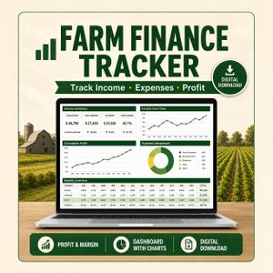 Puede incluir: Un portátil que muestra un panel de control Farm Finance Tracker con gráficos de ingresos, gastos y beneficios. La pantalla presenta tablas y datos financieros. El texto incluye Farm Finance Tracker, Track Income, Expenses, Profit y Digital Download.