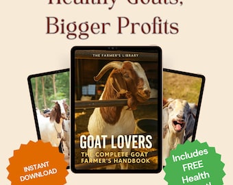 May include: An advertisement for a goat farming handbook. The image features three tablets displaying images of goats. The central tablet shows a brown and white goat. Text includes "Healthy Goats, Bigger Profits" and "Goat Lovers".