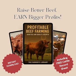 Puede incluir: Anuncio de un libro digital titulado "Profitable Beef Farming" con un toro marrón en la portada. La imagen incluye tres tabletas, dos con imágenes de ganado y una con la portada del libro. El texto incluye "Raise Better Beef, EARN Bigger Profits!" y "Instant Download."