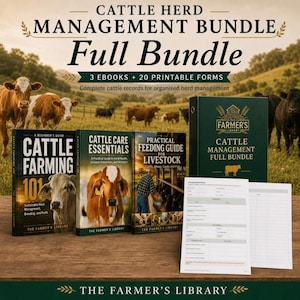 Puede incluir: Un paquete de gestión de rebaños de ganado que incluye tres libros electrónicos titulados Cattle Farming 101, Cattle Care Essentials y Practical Feeding Guide for Livestock, junto con 20 formularios imprimibles en una carpeta verde.
