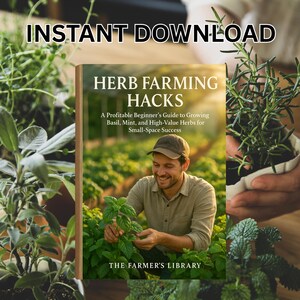 Op de afbeelding: Een boekomslag met de titel "HERB FARMING HACKS" en de tekst "INSTANT DOWNLOAD". De omslag toont een man die kruiden verzorgt in een veld. De ondertitel van het boek luidt: "A Profitable Beginner's Guide to Growing Basil, Mint, and High-Value Herbs for Small-Space Success."