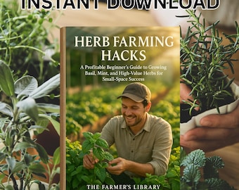 May include: A book cover with the title "HERB FARMING HACKS" and the text "INSTANT DOWNLOAD". The cover features a man tending to herbs in a field. The book's subtitle reads: "A Profitable Beginner's Guide to Growing Basil, Mint, and High-Value Herbs for Small-Space Success."