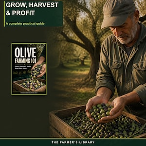 Op de afbeelding: Een boek getiteld Olive Farming 101: Grow, Harvest & Profit from Olive Trees, met op de cover handen die verse olijven boven een houten kist houden. De tekst Grow, Harvest & Profit en A complete practical guide staan bovenaan.