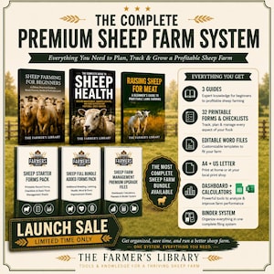 May include: The Complete Premium Sheep Farm System includes three guidebooks titled Sheep Farming for Beginners, Sheep Health, and Raising Sheep for Meat, alongside three packs of printable forms, checklists, and editable files for farm management.