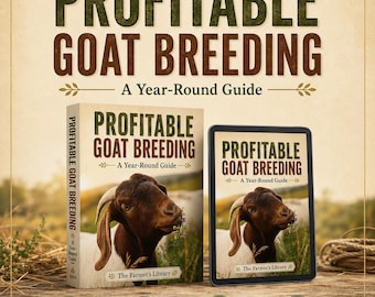 May include: A book and tablet displaying the cover of Profitable Goat Breeding: A Year-Round Guide, Updated 2026 Edition. The cover features a brown and white goat, the title, and The Farmer's Library logo. Icons indicate 163 pages, 20 chapters, worksheets, and PDF format.