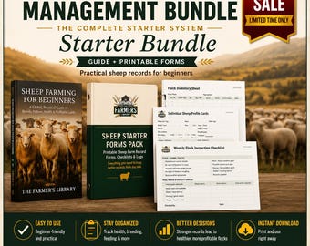 May include: A Sheep Farm Management Bundle featuring a book titled Sheep Farming for Beginners, a binder labelled Sheep Starter Forms Pack, and various printable forms including a flock inventory sheet, sheep profile cards, and inspection checklists.