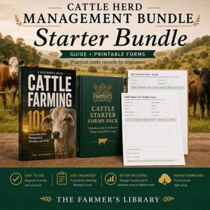 Puede incluir: Un paquete de inicio para la gestión de rebaños de ganado que incluye una guía Cattle Farming 101, una carpeta verde Cattle Starter Forms Pack y hojas impresas de inventario y perfil de vaca con texto para registros.