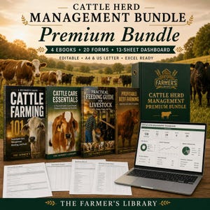 Puede incluir: Un paquete de gestión de rebaños de ganado que incluye cuatro libros electrónicos titulados Cattle Farming 101, Cattle Care Essentials, Practical Feeding Guide for Livestock y Profitable Beef Farming, una carpeta y un portátil.
