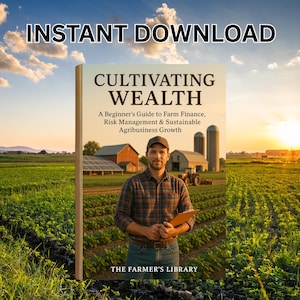 May include: A book cover titled "Cultivating Wealth" with the text "Instant Download" at the top. The cover features a man in a plaid shirt holding a clipboard, standing in front of a farm scene. The book's subtitle reads "A Beginner's Guide to Farm Finance, Risk Management & Sustainable Agribusiness Growth."