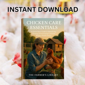 Könnte beinhalten: Buchcover "Chicken Care Essentials" mit einer Frau, die ein braunes Huhn hält. Der Untertitel lautet: "Eine Schnellstartanleitung zur Identifizierung, Behandlung und Vorbeugung häufiger Geflügelgesundheitsprobleme." Der Text "INSTANT DOWNLOAD" und "THE FARMER'S LIBRARY" sind ebenfalls sichtbar.