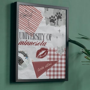 Collageprint Universiteit van Minnesota – Retro College Wall Art, poster Minnesota Gophers, decor slaapzaal, kastanjebruin en goud esthetiek