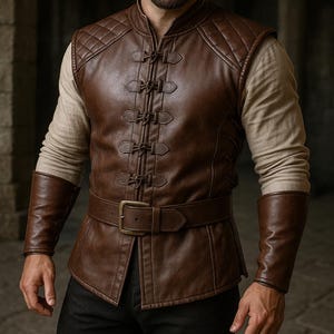 Peut inclure: Un gilet en cuir marron avec un motif matelassé sur les épaules et une taille ceinturée. Le gilet est orné de fermoirs décoratifs sur le devant. Les manches longues sont marron et la chemise en dessous est de couleur beige clair. Style inspiré de l'histoire ou de la fantaisie.