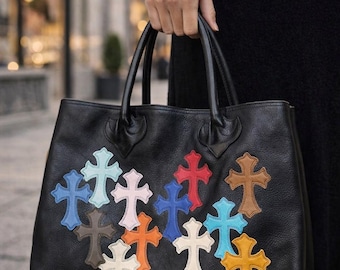 Bolso tote de piel negra con patchwork de cruz multicolor – Bolso shopper artesanal de diseño
