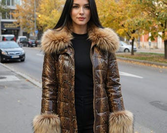 Handgefertigte Python-Lederjacke mit echtem Fuchspelzkragen Damen Wintermantel