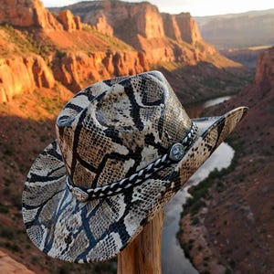 May include: A cowboy hat with a snakeskin pattern, featuring a decorative braided band and silver-toned embellishments. The hat is perched on a wooden post, with a scenic canyon and river in the background.