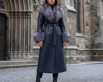Handmade Navy Blue Leather Coat with Silver Fox Fur Collar