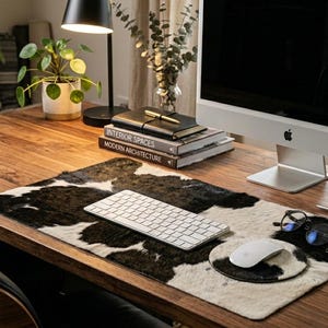 May include: A rectangular desk mat and a circular mouse pad featuring a black and white cowhide pattern. The set is placed on a wooden desk surface, providing a textured base for a white wireless keyboard, a white computer mouse, and black-rimmed glasses.