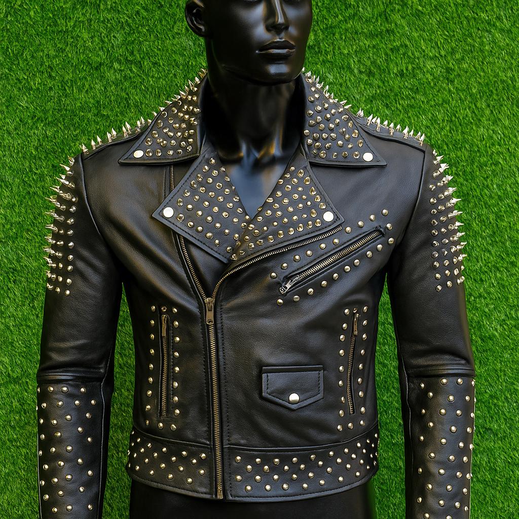 Handmade Black Leather Biker Jacket With Gold Studs & Spikes