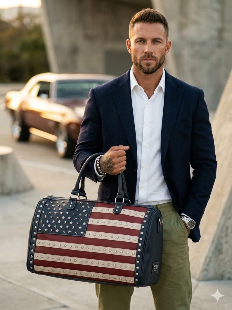 May include: A navy blue and red duffel bag with the American flag design. The bag features a leather exterior with silver-colored studs around the edges. It has black handles and a black shoulder strap. The bag is held by a person wearing a navy blue blazer and white shirt.