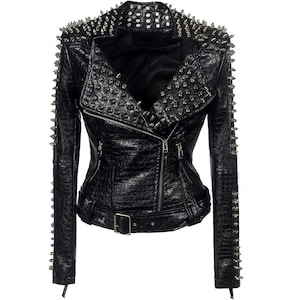 Women  Faux Leather Black Jacket Studded  Fashion Streetwear Motorcycle Coat