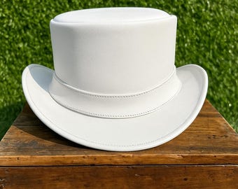 Handmade White Leather Top Hat: Victorian Steampunk Cosplay