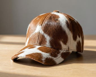 Handmade Cowhide Hair On Leather Baseball Cap Brown White