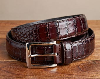 Handmade Brown Crocodile Embossed Leather Belt Mens Luxury Dress Belt