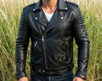 Men Black Biker Leather Jacket Genuine Cowhide Moto Style with Quilted Shoulders