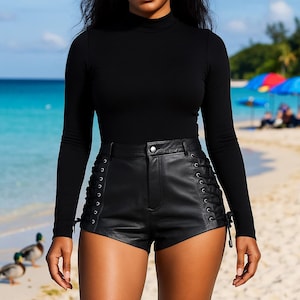 Women’s Black Lace-Up Leather Shorts – Handmade Genuine Leather Shorts– High Waisted Genuine Leather Hot Pants – Festival Clubwear Bottoms